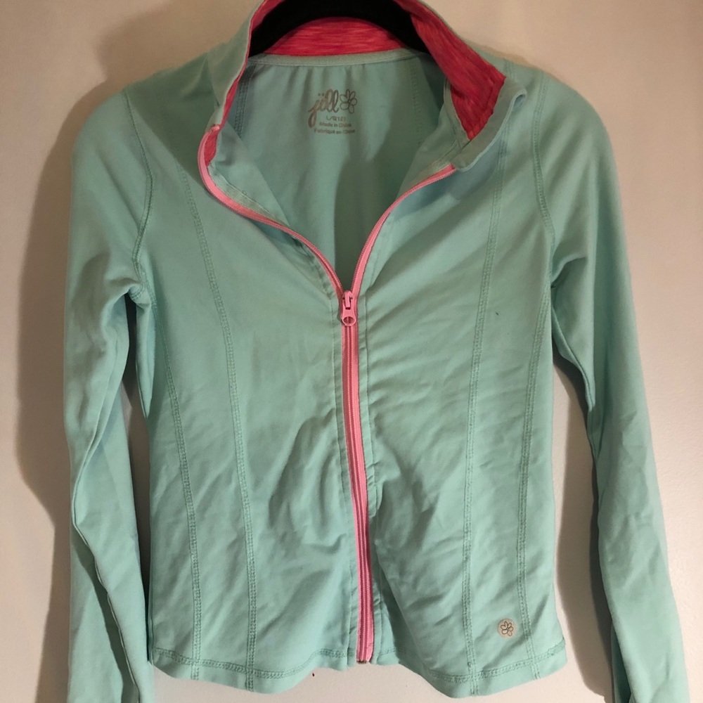 Turquoise sweater with pink zipper